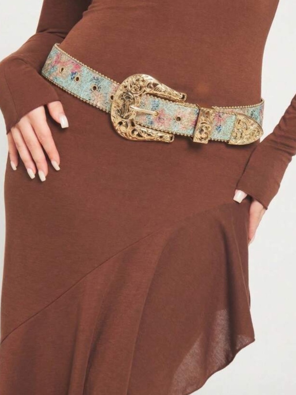 Gold-Tone Floral Embroidered Western Belt - Blue Multi